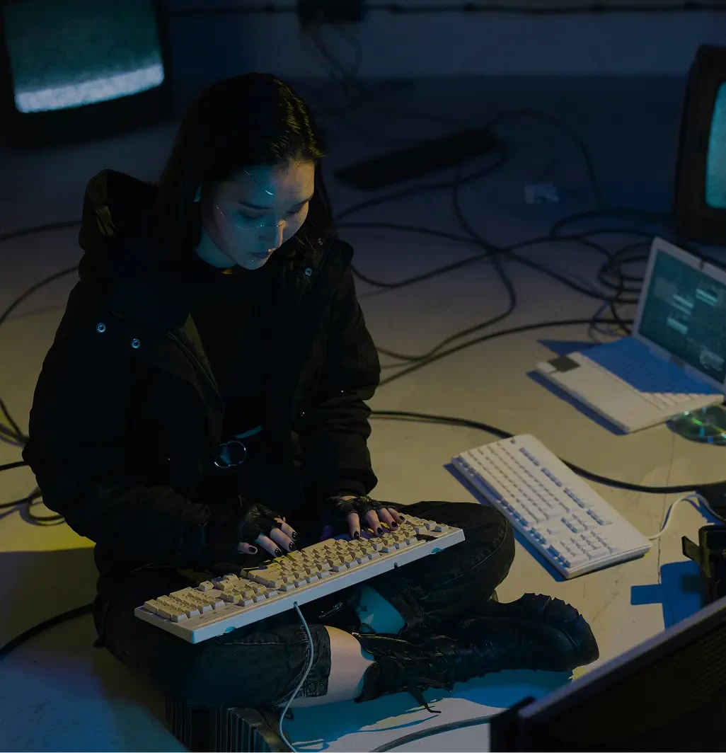 Girl sitting on the floor typing on a keyboard